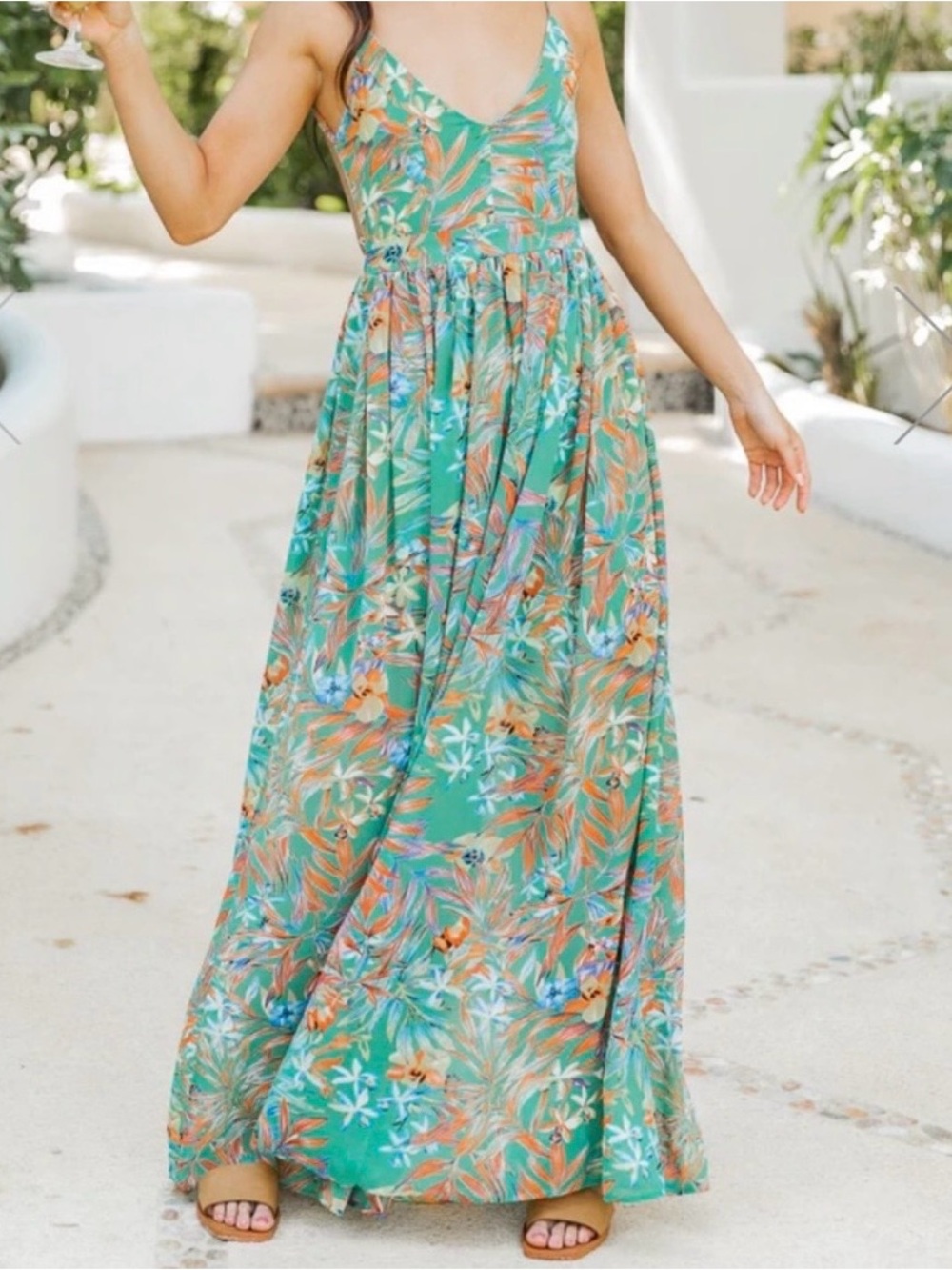 Pink Lily Teal Tropical Floral Maxi Dress with Orange Accents